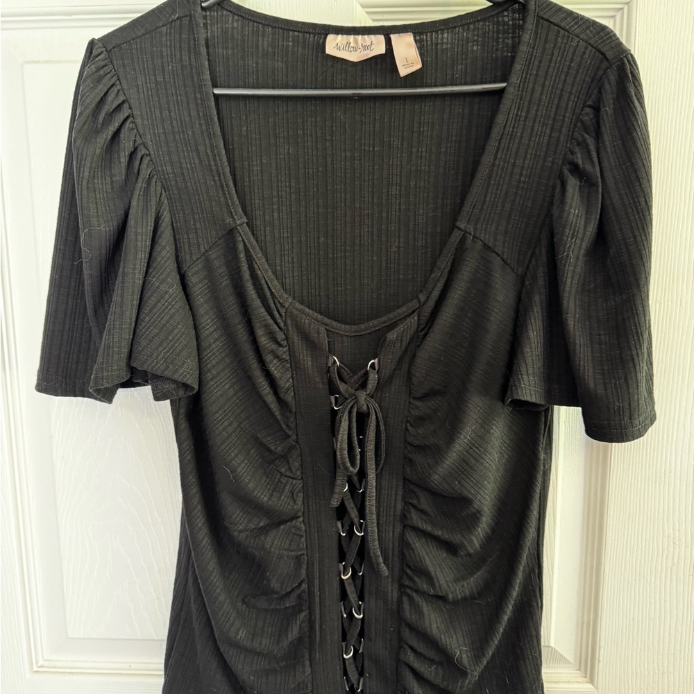 Black Puff Sleeve Ruched Blouse with Tie Front